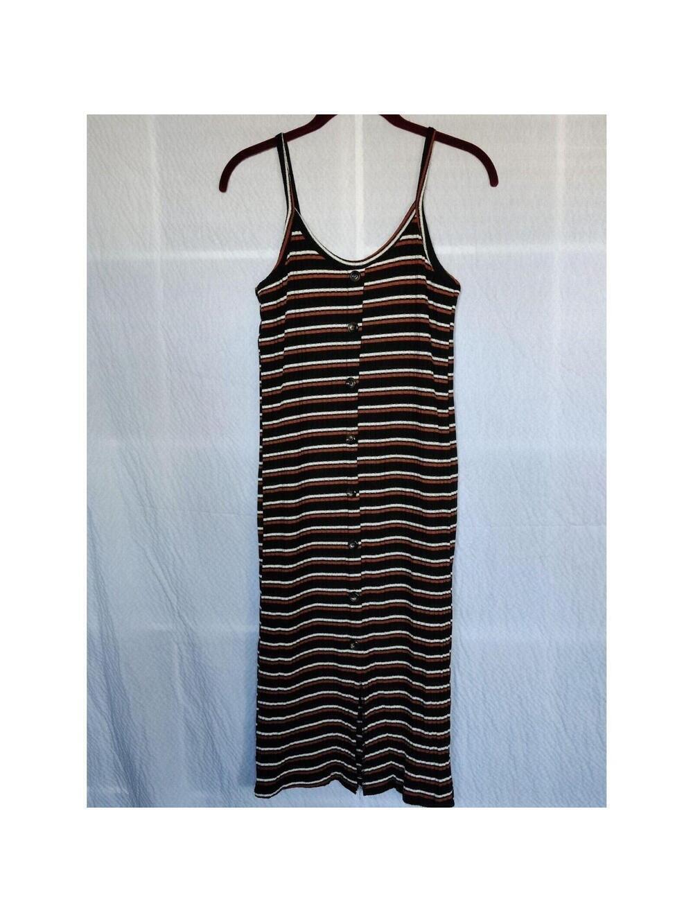 Button Front Striped Ribbed Knit Midi Dress